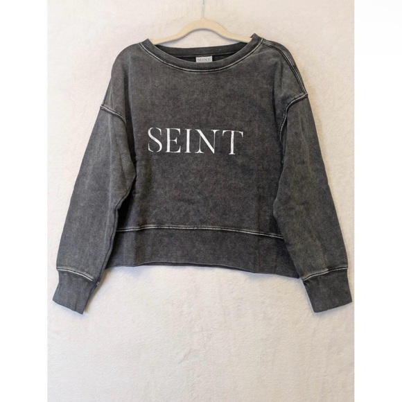 NEW SEINT  Washed Black Cropped Sweatshirt Jacket - Picture 2 of 2
